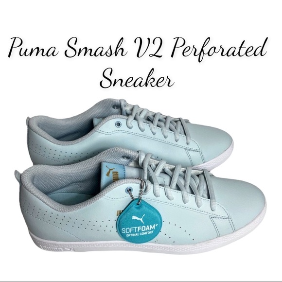 NWOT Puma Smash V2 Perforated Light Blue Women’s Sneakers - Picture 1 of 14